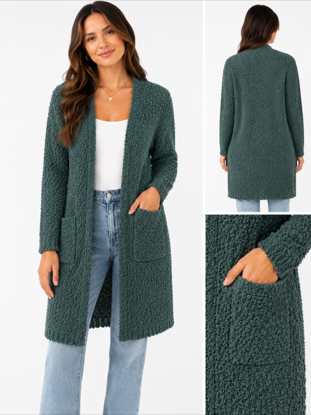 Listicle Popcorn Knit Open Front Cardigan Sweater Medium Green